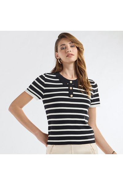 FAV Striped Top With Collared Neck And Short Sleeves