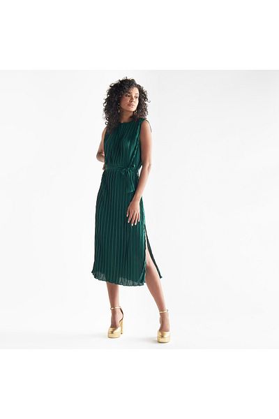 FAV Pleated Sleeveless Dress With Tie-up Belt And Slit Detail