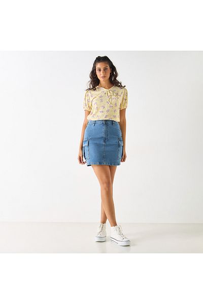 2Xtremz Printed Top With Tie-up Neck And Short Sleeves