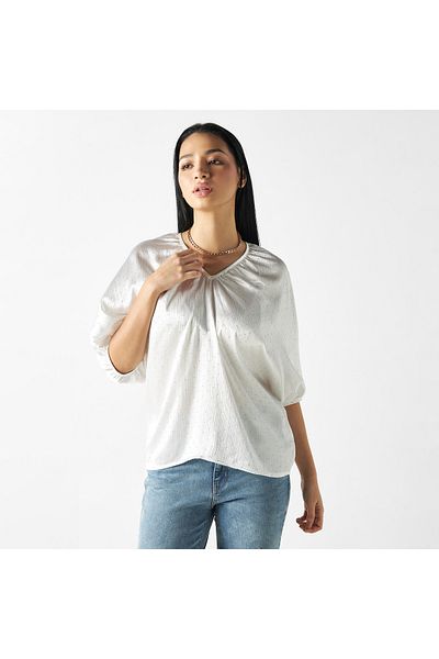 2Xtremz Embellished V-neck Top With 3/4 Sleeves And Tie-up Detail