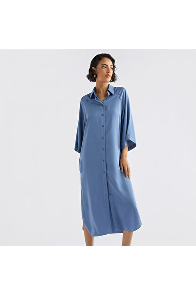 FAV Solid Button Down Shirt Dress With 3/4 Sleeves