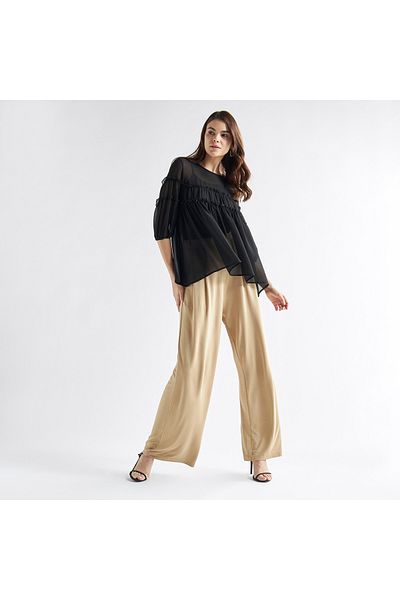 FAV Ruffled Chiffon Top With Crew Neck And Three-quarter Sleeves