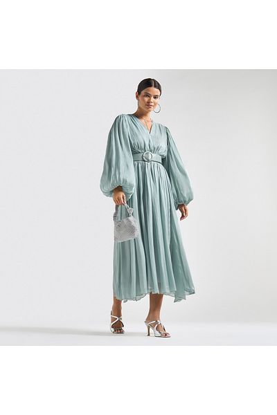 FAV Textured Belted Midi Dress With V-neck And Long Puff Sleeves