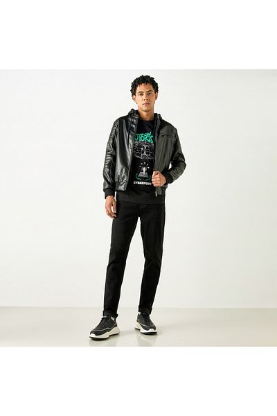 Lee Cooper Solid Zip Through Biker Jacket With Hood And Pockets