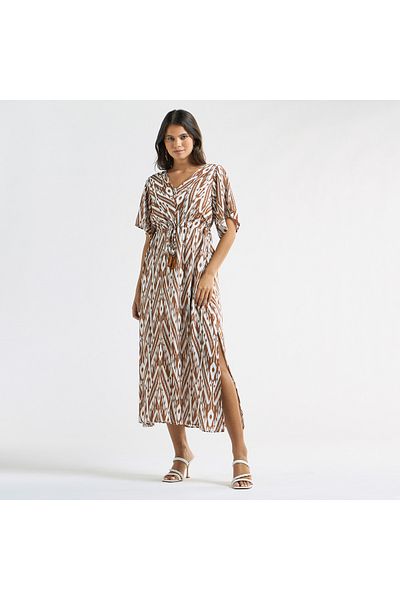 FAV All-over Print V-neck Dress With Tie-ups And Short Sleeves