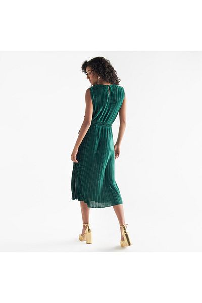 FAV Pleated Sleeveless Dress With Tie-up Belt And Slit Detail