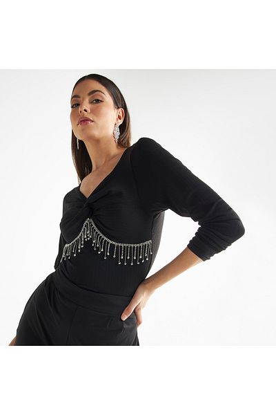 FAV Embellished V-neck T-shirt With Long Sleeves