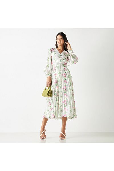 Iconic All-over Floral Print Pleated A-line Dress With Long Sleeves