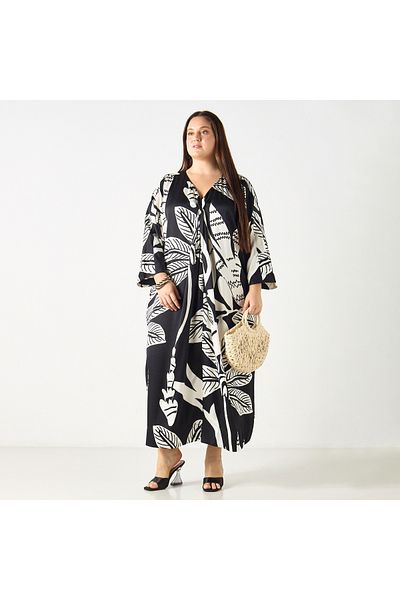 Ulla Popken Plus Size All-over Leaf Print V-neck Kaftan Dress