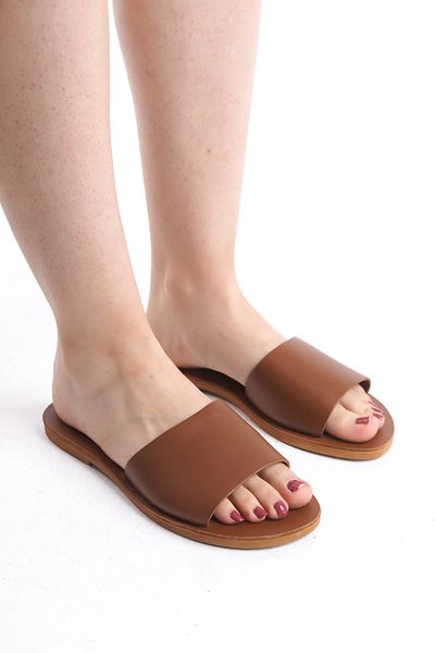 BodrumSandals Genuine Leather Tan Women's Slippers - M3001