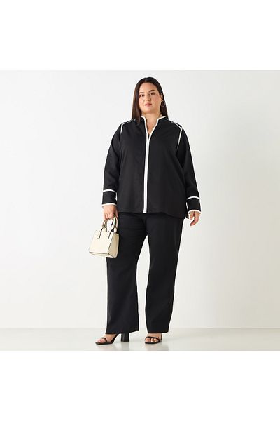 Ulla Popken Plus Size Panelled Zip Through Top With Long Sleeves
