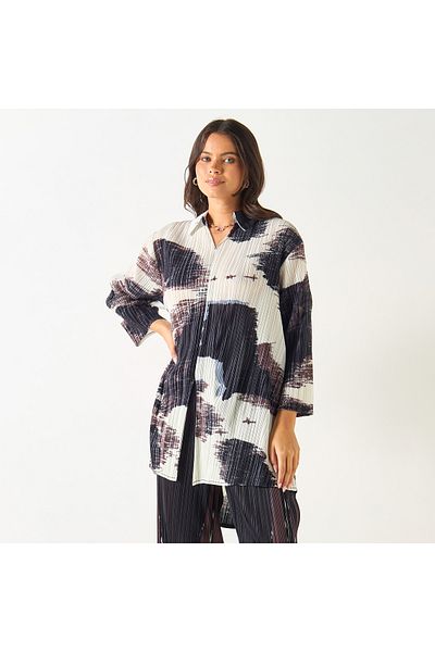 2Xtremz Printed High-low Top With Collar And 3/4 Sleeves