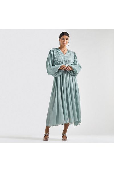 FAV Textured Belted Midi Dress With V-neck And Long Puff Sleeves