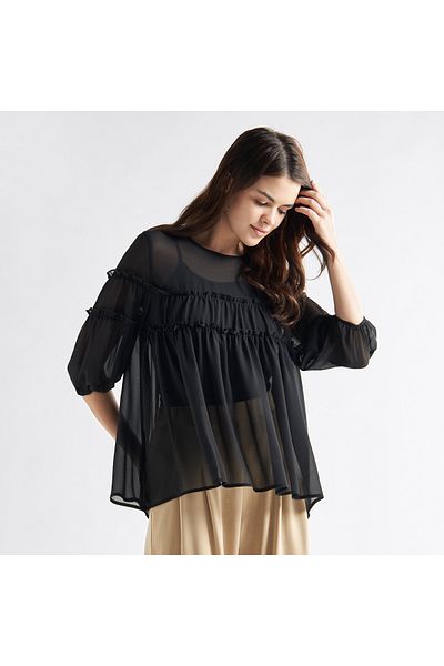 FAV Ruffled Chiffon Top With Crew Neck And Three-quarter Sleeves