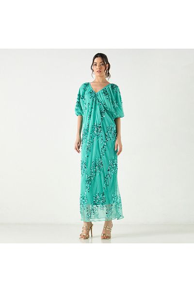 2Xtremz Sequin Embellished Textured Maxi Dress With V-neck And Volume Sleeves