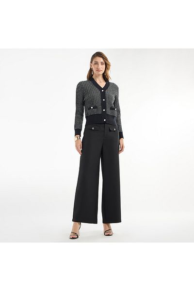 FAV كارديجان منقوش بفتحة على شكل حرف V وأكمام طويلة وأزرار للإغلاق