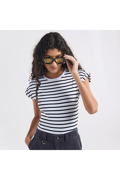 FAV Striped Crew Neck Bodysuit With Extended Sleeves