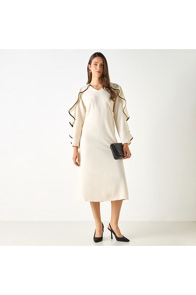 Iconic Solid V-neck Dress With Long Sleeves And Ruffles
