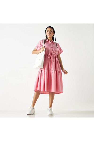 Lee Cooper Tiered Dress With Tie-ups And Drop Shoulder Sleeves