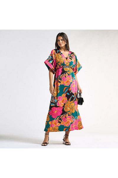 FAV All-over Floral Print V-neck Dress With Tie-up Belt