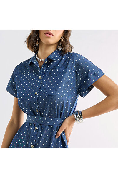 FAV Polka Dot Print Shirt Dress With Pockets And Tie-up Detail