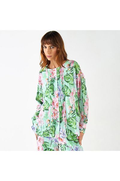 Iconic All-over Tropical Print Top With Long Sleeves And Pintuck Detail
