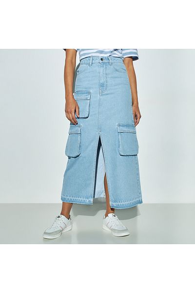 Lee Cooper Solid Utility Denim Skirt With Slit