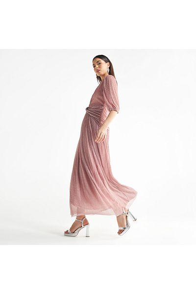 FAV Textured V-neck Maxi Dress With Zip Closure And Wrap Detail