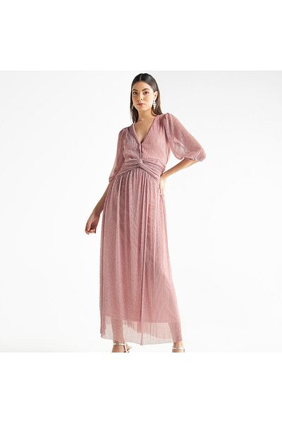 FAV Textured V-neck Maxi Dress With Zip Closure And Wrap Detail