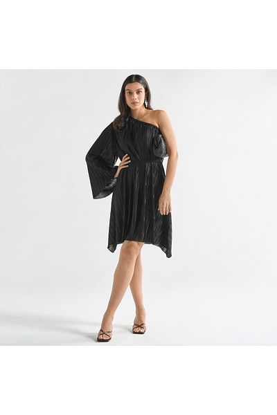 FAV Pleated One Shoulder Knee Dress With Flared Sleeve