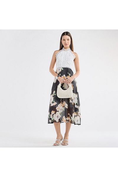 FAV Floral Print Halter Neck Midi Dress With Lace Detail