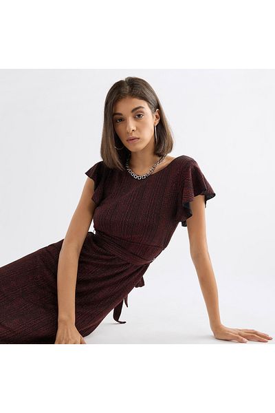 FAV Textured Midi Dress With Flutter Sleeves And Tie-up Belt
