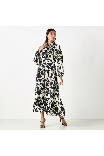 2Xtremz All-over Floral Print Maxi A-line Belted Dress With Neck Tie-ups