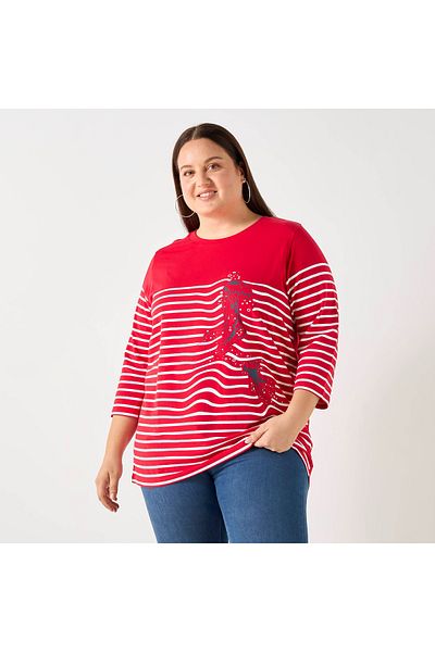 Ulla Popken Plus Size Striped T-shirt With 3/4 Sleeves
