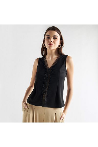FAV Lace Insert Sleeveless Shirt With V-neck