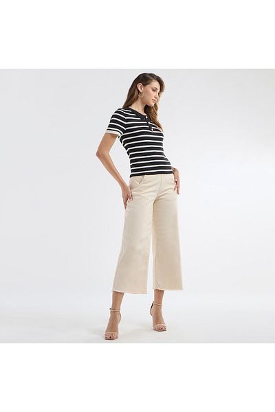 FAV Striped Top With Collared Neck And Short Sleeves