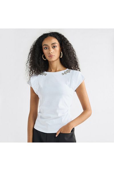 FAV Embellished T-shirt With Round Neck And Cap Sleeves
