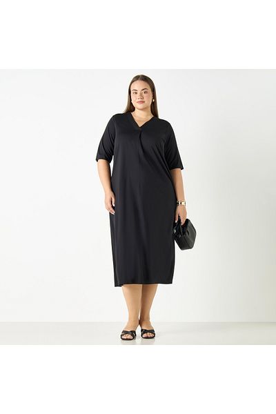 Ulla Popken Plus Size V-neck Dress With Short Sleeves And Pockets