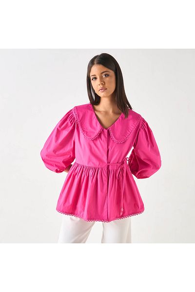Iconic Solid Peplum Top With Peter Pan Collar And Tie-up Detail