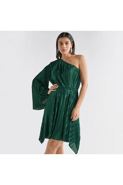 FAV Pleated One Shoulder Knee Dress With Flared Sleeve