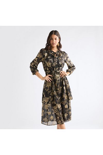 FAV All-over Floral Print Dress With Long Sleeves And Tie-ups