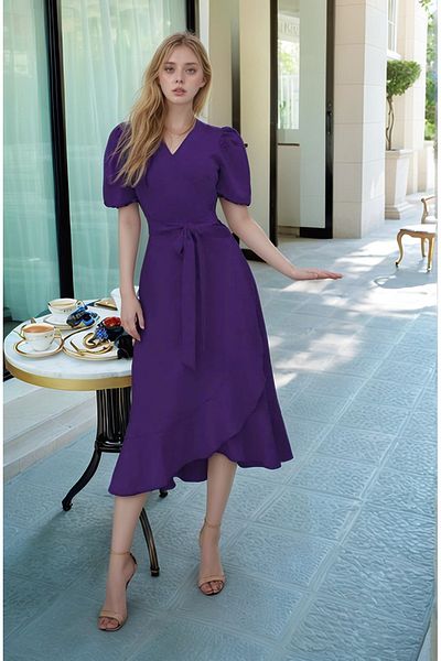 Trendusfashion Μίντι φόρεμα με διπλό στήθος από ύφασμα κρεπ νέας σεζόν