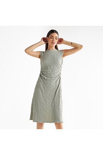 FAV Textured Sleeveless Midi Dress With Ruched Detail