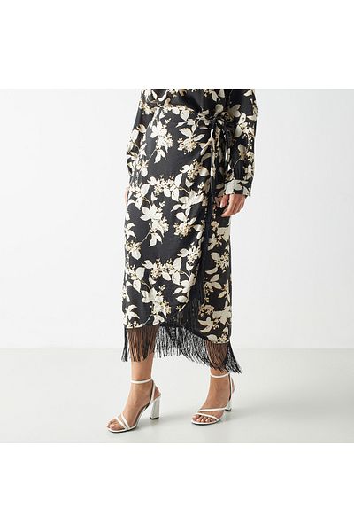 Iconic All-over Floral Print Wrap Skirt With Tie-ups And Fringes
