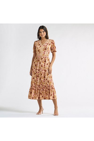 FAV Floral Print A-line Midi Dress With V-neck And Puff Sleeves