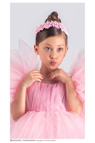 RAPAPA Girl's Tutu Skirt, Puffy Sleeves, Komotini Crown Evening Dress Pudra