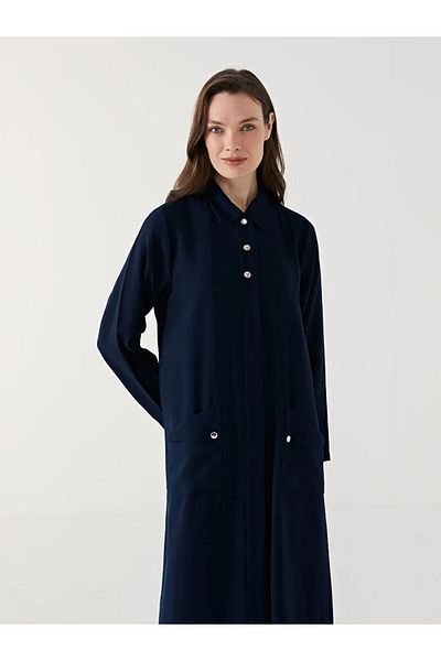 LC Waikiki Lcw Grace Navy Blue Shirt Collar Linen Look Women's Dress