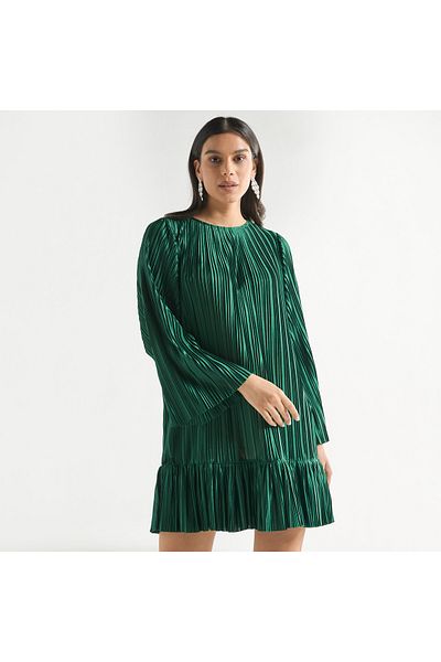 FAV Pleated A-line Dress With Flared Sleeves And Round Neck