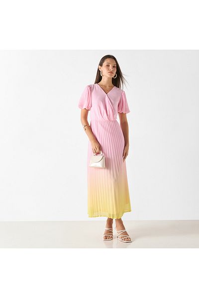 Iconic Ombre V-neck Dress With Balloon Sleeves And Pleat Detail