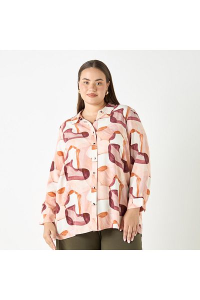 Ulla Popken Plus Size All-over Print Shirt With Long Sleeves